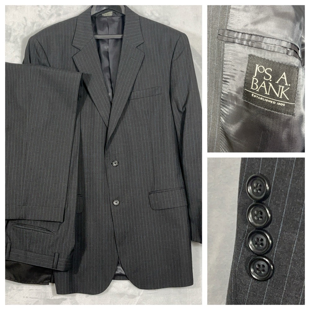 Jos A Bank Mens Suit 42L 36x31 Pants Jacket Black Pinstripe 100%ā Wool Business